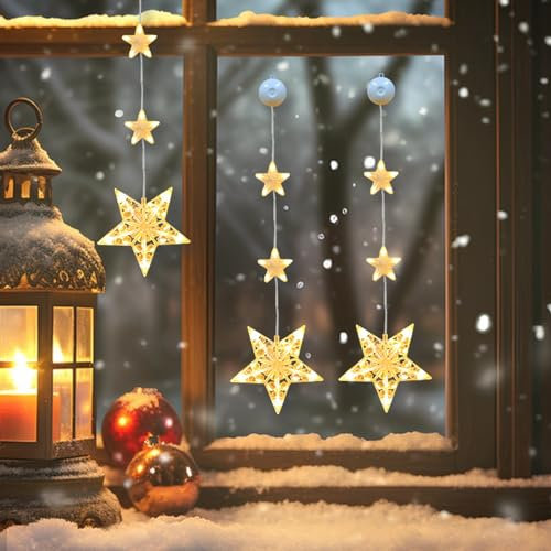 ACAREY Weihnachtsdeko Sterne Lichterkette, LED Weihnachtsbeleuchtung Stern Weihnachtsdeko Fenster Batteriebetriebene mit Saugnäpfe, Warmweiß Weihnachtsstern Innen für Weihnachten Deko (Stern x3)