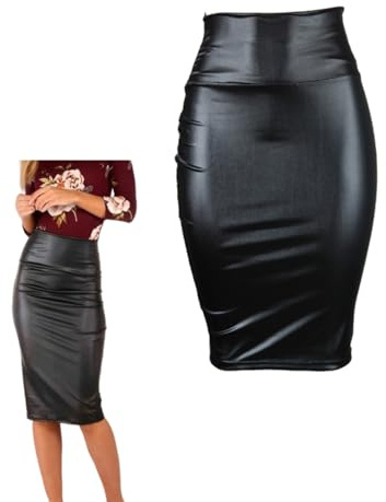 Gonna da Donna PU, Gonna Midi a Matita in Piena Vita in Vita, Gonna da Ufficio in Pelle in Finta Finta, Elastico Abito a Matita con avvolta d'ancata e Elastica, Gonna di Business alla Moda per Lavoro