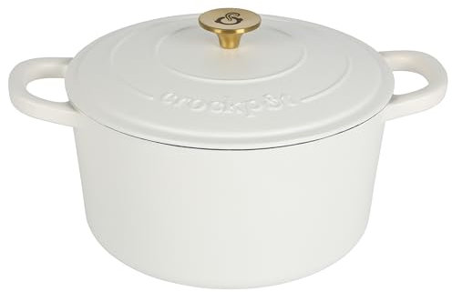 Crock Pot Artisan - Forno olandese rotondo da 5 litri, in lino opaco bianco con pomello dorato