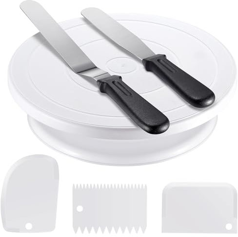 Torten Zubehör Set, Tortenplatte Drehbar mit 2 Tortenspachtel und 3 Kuchenschaber für Dekorieren Backkreationen
