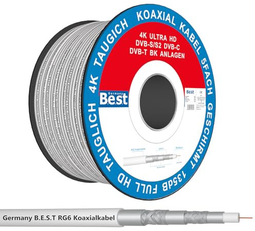 Germany B.e.s.t Koaxialkabel 50 M SAT-Kabel | 4K Ultra HD | Class A+ | DVB-S/S2 DVB-C DVB-T BK Anlagen | 5Fach Geschirmt | 135dB