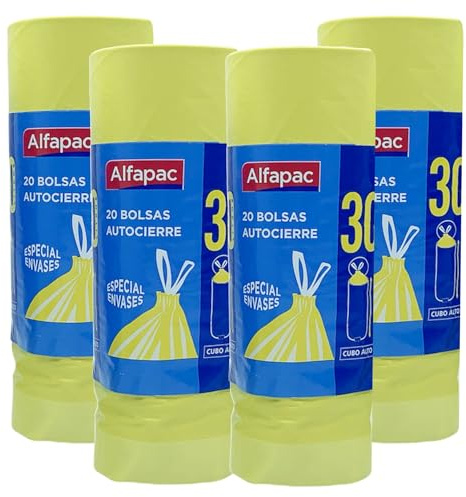 4 rollos de 20 bolsas de basura (80 bolsas) autocierre 30 L. de capacidad especiales envases y cubos altos 50x75 cms