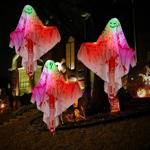 TEWWCEO Halloween Deko Garten,3Stück 70cm Halloween Hänge Geist mit Blinkenden Bunten Lichterketten,Biegbar Gruselige Halloween Windsack,Hängende Geister Dekorationen für Innen Außen Horror Mottoparty
