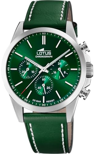 LOTUS Reloj Hombre Analógico de Cuero Verde - Movimiento de Cuarzo - Cronógrafo - Cristal Mineral de Alta Resistencia - Resistente al Agua 5 ATM Elegante 18990/3 Chrono