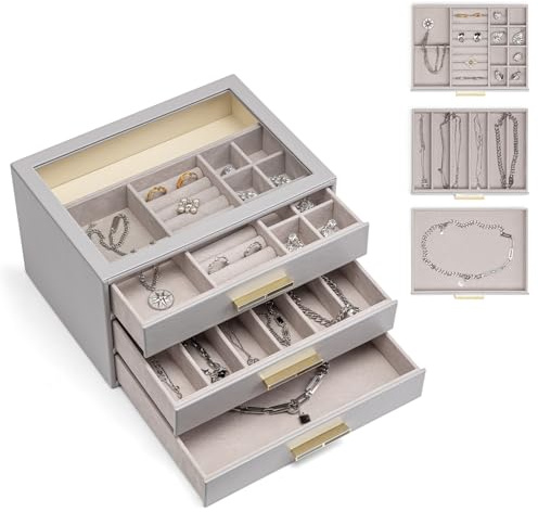 Vlando Schmuckschatulle für Damen, Schmuckschatulle und Organizer, 3-lagiger Schmuckhalter, Glasdeckel, Schmuckaufbewahrung für Edelsteine, Diamanten, Halsketten, Ringe, Ohrringe, Armbänder, Grau