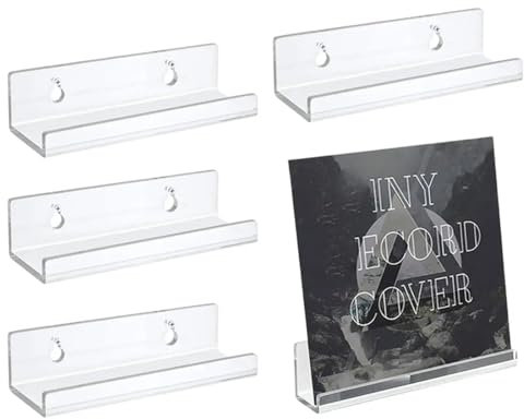 4 Pcs Accroche Vinyle Mural, Étagères Flottantes pour Disques Vinyles, Étagères Murales en Acrylique Clair, Support de Disque Vinyle en Acrylique Transparent Autocollant, Décoration pour Livres