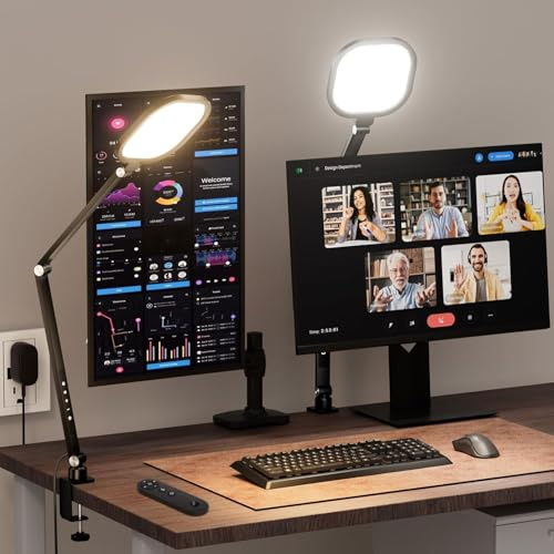 LitONES 2 Packs LED Desk Lamp for Home Office with C- Clamp and Remote | Swing Arm, Memory, Timer, 30 Dimmable Modes, Computer Light for Video Calls, Zoom Meeting, Conference, Streaming, Podcasting