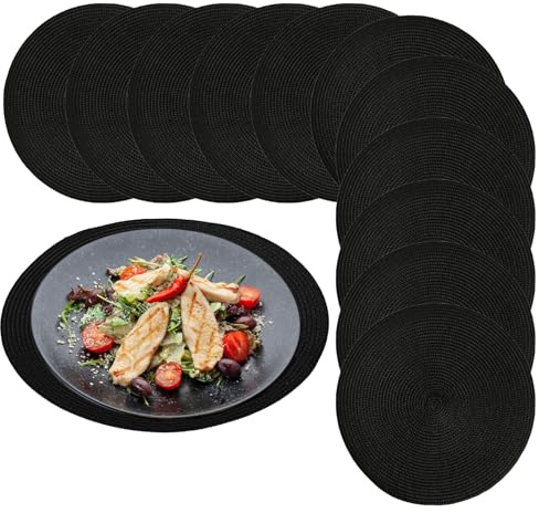 JIEHIN 12 Stück Tischsets Platzsets Rund Schwarz 38 cm, Platzsets Abwaschbar Rund, Hitzebeständig Platzdeckchen Teller Untersetzer Runde für Küche, Esstisch, Restaurant, Hotel