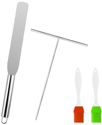 Xbessc 2 Pièces Râteau à Crêpes Spatule Crepe avec 2 Pinceau Cuisine Rateau Crepe Etaleur Crepe Ensemble de Spatule et D'épandeur de Crêpe en Acier Inoxydable pour Pâte à Crêpes