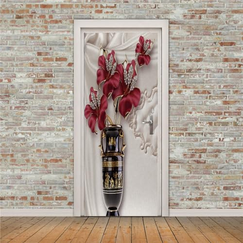 3D Türaufkleber Rote handgemachte Blumen Türtapete Wandbild Selbstklebend PVC Wasserdicht Abnehmbar Türfolie TürPoster Fototapete Wohnzimmer Schlafzimmer küche bad büro Dekoration B90 x H200cm