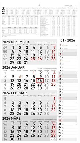 Zettler 4-Monatskalender Kombi 2026 – Wandkalender 33 × 59 cm mit Datumsschieber, 4 Monate pro Blatt, Extra-Streifenkalendarium für Notizen, Monatsübersicht Dez. 2025–Jan. 2027, Ferien & Feiertage