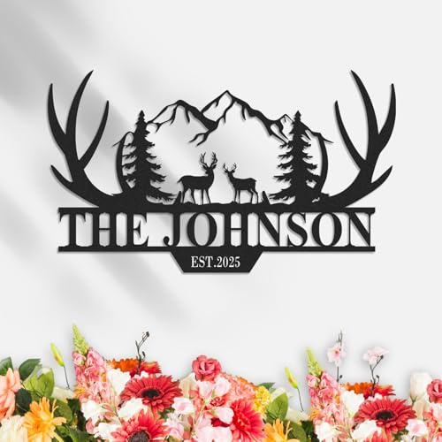 Personalisierte Hirsch Metall Hütten Schild, Individuelles Familiennamensschild, Nachname Hirsch Monogramm, Individuelle Schilder für Den Außenbereich, Außendeck Dekor, Jägergeschenk, Hütten Dekor
