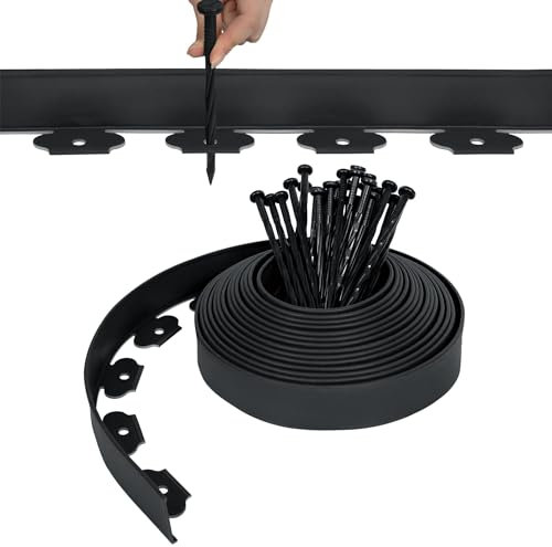 Rouleau de bordure de pelouse en plastique souple gris de 10 m avec 30 clous de sol, facile à découper, bordure durable pour parterres de jardin et allées