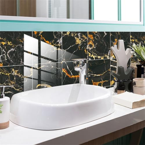 DOTBUY-SHOP Fliesenaufkleber Küche Bad, Marmor Muster Fliesen Aufkleber Badezimmer Selbstklebend Wasserdicht Wandpaneele Klebefliesen Küchenrückwand (Gold + Schwarz,20x20cm-20 Stück)