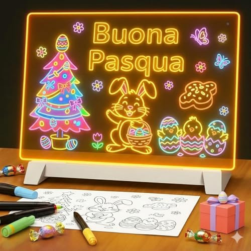 Lavagna Luminosa per Disegnare 20×20 cm LUMOBOARD – Lavagna Luminosa Bambini con 7 Pennarelli LED, Tavoletta Trasparente Cancellabile con Treppiede, Messaggi Creativi e Disegni Luminosi