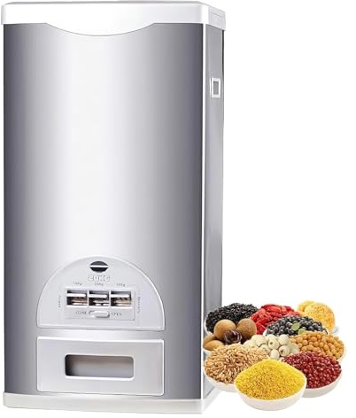 Cereal Container 20kg, Stainless Steel Rice Dispenser, Automatic Metering Food Storage Container for Beans and Rice or Cereals, Airtight Moisture Proof Rice Storage Bin for Keep Food Fresh,