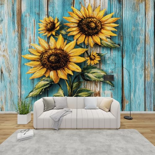 QEODAH Fototapete Sonnenblume Schlafzimmer, 3D Tapete Rustikale Sonnenblumen, Vliestapete Blau Gelb, Tapeten Wohnzimmer Muster, Blumen Wand Deko Kinderzimmer, Wandtapete, Mustertapete 200x140 cm