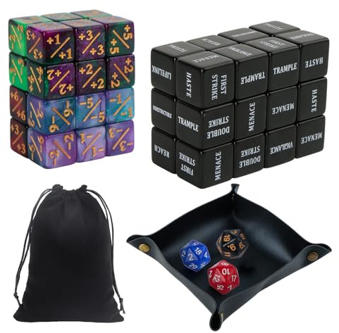 MTG - Set di 53 dadi con 24 dadi per parole chiave, 3 cubetti d20, in pelle, sacchetto di velluto (12 x 15 cm), per giochi di carte