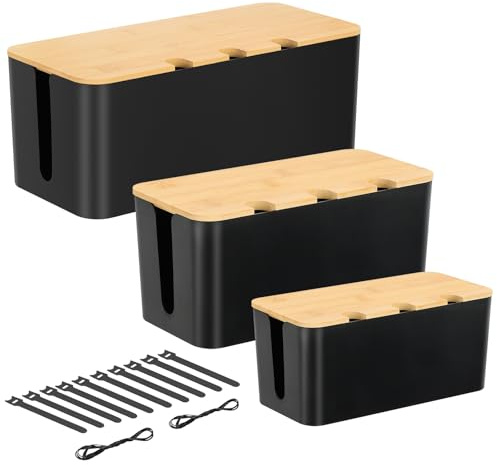 Cable Tidy Box 3 Pack Larger Desk Wire Organizer Box Cable Management Box Hiding Messy Cable Surface Wiring Power Strip Cord Management Storage Tray with Lid Lead Cover Box Large, Medium, Small -Black