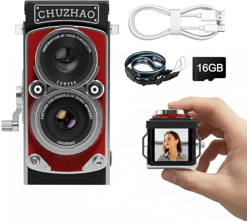 Chuzhao Kamera TLR Retro Digitalkamera, Vintage Mini Kamera mit Sucher, Rot | 12MP Fotos & 1080P FHD Videos, Retro Kamera mit 16 GB TF-Karte, 1,54 Zoll Sucher, Joystick-Steuerung und kreativen Filtern