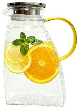Refrigerator Door Water Pitcher 1.8L Glass Pitcher with Lid Stainless Steel Top Wide Mouth Jug Space Saving Design Perfect for Drinks and Ice with Heat Resistant Handle BPA Free