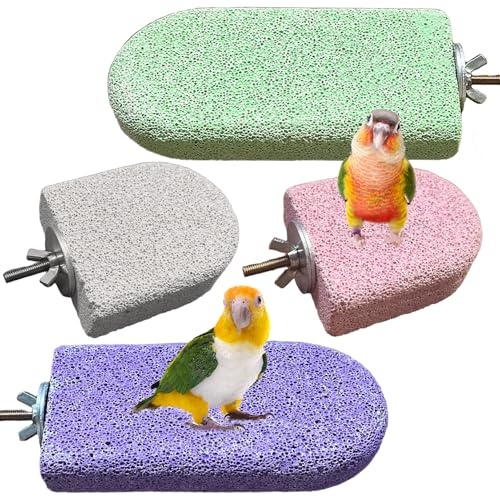 Gxsdj 4 PCS Bird Beak Grinding Stone,Bird Perch Stands,Parrot Calcium Perch Platform,Parakeet Pumice Lava Beak Grinding Block Claws Trimmer Climbing Chewing Toys for Budgie Cockatiel Conure Lovebird