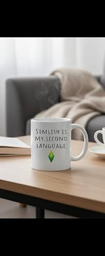 GioVibe Tasse en céramique Les Sims, blanche, 300 ml, avec inscription « Simlish is My Second Language », design moderne, passe au lave-vaisselle, pour café et thé, avec poignée, 9,5 x 9,5 cm