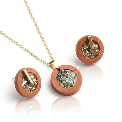 Parure Bijoux Bois et Eclats de verre coloré - Coffret Collier et Boucles d'Oreilles Femme - Résine et verre pilé - Artisanal Fait Main France - Cadeau Original Nature Bohème - Acier Inoxydable Doré