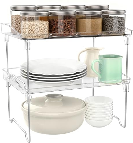 Euqvunn 2 Confezioni Ripiano Salvaspazio Cucina, Pieghevole Alzatina Cucina, Impilabile Mensole Trasparenti Organizer Cucina per Armadi, Credenze, Dispensa, Piano di Lavoro