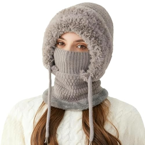 3 in 1 Mütze Damen Mützenschal Damen Sturmhaube Winter Mütze mit Schal Kapuzenschal 3 in 1 Thermo-Fleece-Haube Schal Gesichtsschutz für Outdoor Radfahren,Snowboarden,Skifahren,Motorradfahren