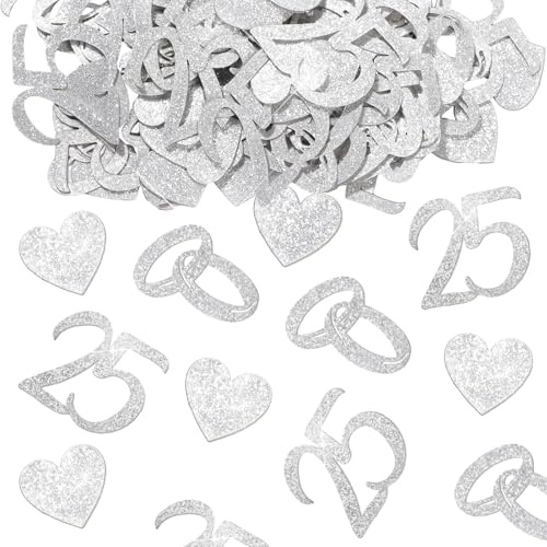 Ovanda Silberhochzeit Deko Konfetti, 100 Stück Doppelseitige Glitzer Silberhochzeit Deko Konfetti, Tischdeko Glitzer Konfetti mit Ring, 25, Herz Motiven und Organzabeutel für Jubiläum 25 Jahre