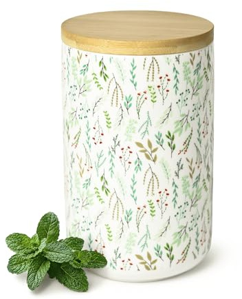 Sendez Vorratsdose Porzellan 800 ml mit Bambusdeckel luftdicht – Kaffeedose, Teedose, Zuckerdose, Vorratsbehälter Küche, Boho Pflanzen Design