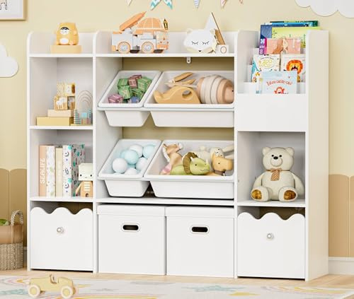 HOMMPA Weiß Spielzeugregal Kinderzimmer Kinderregal mit 4 Boxen | Holz Kinder Bücherregal mit Stauraum Spielzeugschrank für Kinderzimmer,Wohnzimmer,122T x 30B x 100H cm