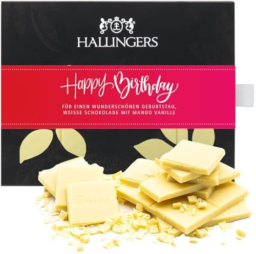 Hallingers Genuss Manufaktur Weiße Schokolade Geburtstagsgeschenk - Tafel aus handgeschöpftem Edelkakao ohne Alkohol edler Karton Happy Birthday ... Mango-Vanille, Geschenke für Frauen Freundin