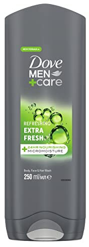 Dove Men+Care Refreshing Extra Fresh Men's 3-in-1 Hair, Face and Body Wash Body Cleanser shower gel with 24 hour nourishing MicroMoisture technology for healthy and smooth skin all day 250 ml