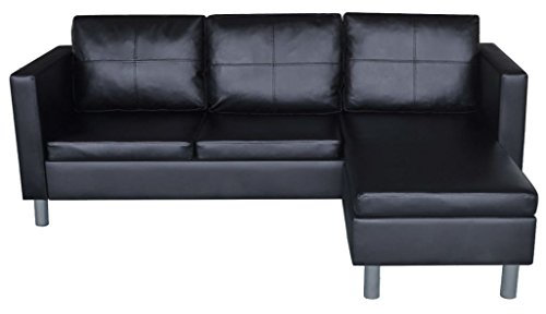 Fest-natt, 3-sits, L-form, skärsoffa, loungesoffa, hörnsoffa, konstläder L-f?fluffig soffa med 3 kuddar, svart