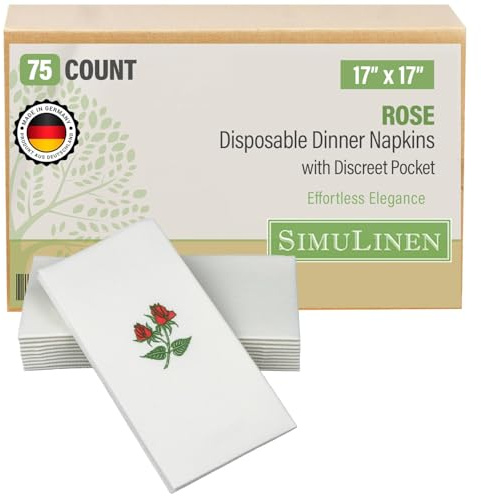 SimuLinen Double Rose Disposable Dinner Napkins with Pocket for Utensils, Decorative and Absorbent, Paper Napkins for Silverware, 17x17, Box of 75