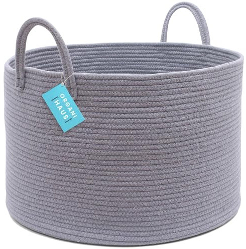 OrganiHaus Korb Geflochten Rund, Wäschekorb Geflochten, Korb Aufbewahrung Groß, Aufbewahrungskorb Kinderzimmer, Aufbewahrungskorb für Decken Kissen Spielzeug, Faltbar mit Griff - 50x33cm, Grau