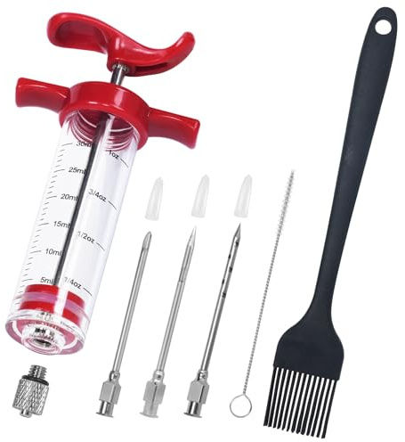 Meat Injector Syringe, Premium Meat Injector Kit - 3 Stainless Steel Meat Needles, Plastic Turkey Injector with Pastry Brush, 1oz Food Injector for Meat with Cleaning Brush, Easy to Use & Clean