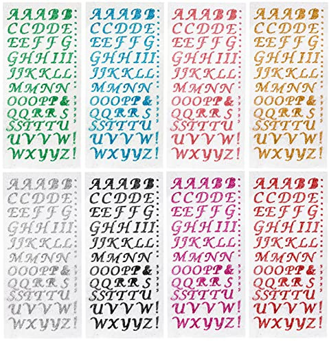 8 Sheets Letter Sticker for DIY Craft Gift, Glitter Alphabet Sticker 8 Colors Self Adhesive Letters Sticky Letter Scrapbook for Scrapbooking, Greeting Card Making