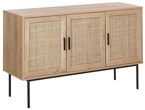 Beliani Modernes Sideboard 3 Rattan-Türen Heller Holzfarbton Schwarze Metallbeine Pasco