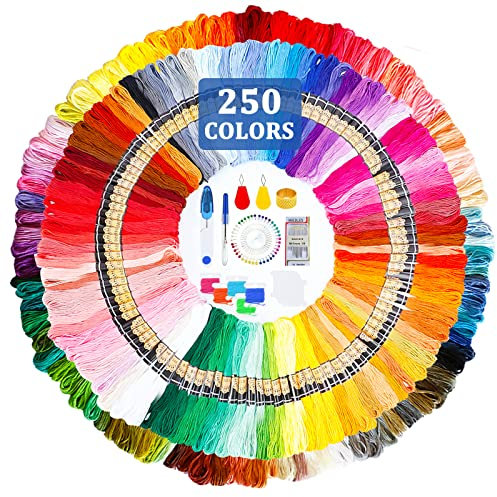 JOTOL Stickgarn,250 Farben Embroidery Floss,Farben Stickgarn Kreuzstich Faden mit Einfädlern, Faden Karten, Fingerhut, Nahttrenner und Nähnadeln