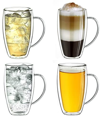Creano Set 4 Tazze con Manico Cappuccino 250ml Doppia Parete in Vetro Borosilicato – Bicchieri con Manico Termici Isolanti per Caffè Tè Latte – Design Elegante Regalo Premium - Set 4x 250ml