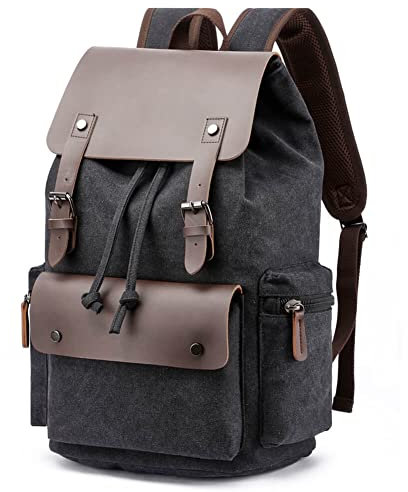 Vintage-Rucksack aus Segeltuch, lässiger Tagesrucksack, Reiserucksack für Damen und Herren, Laptop-Rucksack, College, Schultasche, Outdoor, Wandern, Camping, Schwarz , Größe: 45 x 33 x 18 cm