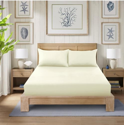 CHARKHAH Polycotton Fitted Sheet for Single Double King Super King Bed 200 Thread Count Anti Wrinkle Plain Bedding 25 cm Extra Deep Fitted Sheets Cover with Elastic Edges (Cream, Single)