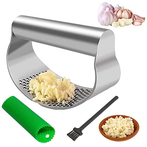 Knoblauchpresse Wippe Edelstahl Knoblauchwippe,Stainless Steel Garlic Press Rocker Mincer Crusher Mit Knoblauchschäler und Reinigungspinsel-Set
