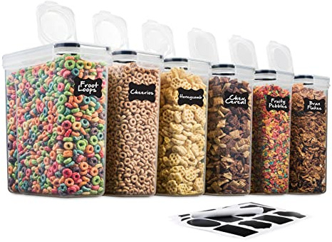 6 Pack Airtight Cereal Food Storage Container - BPA Free Plastic Kitchen and Pantry Organization Canisters for, Dry Pet Food, Flour, Sugar, Rice, Nuts, Snacks & More (135.5 Oz) Labels & Chalk Marker