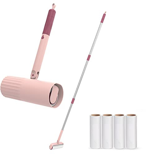 Useful Co Rullo Peli Animali con Manico Allungabile (1 Scopa + 4 Rulli Adesivi), Spazzola Levapelucchi per Tessuti, Tappeti, Letti, Divani e Tende, Togli Peli Animali con Rotolo Adesivo (Rosa)