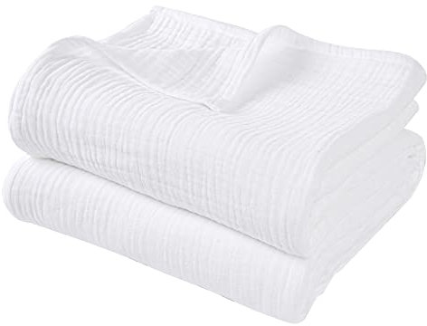 PHF Coperta in mussola di cotone, 150 x 200 cm, delicata sulla pelle e traspirante, per tutto l'anno, colore bianco