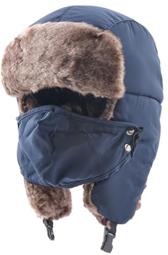 Reyox Unisex Fliegermütze Winter Russische Mütze Aviatormütze Winddicht mit Abnehmbarer Gesichtsmaske Navy Blau